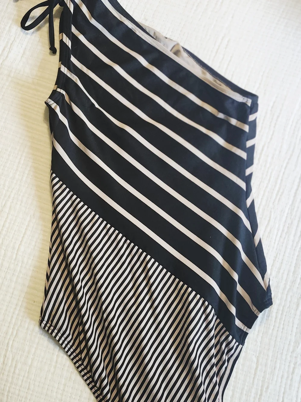 DKNY Black and Tan Striped One-Shoulder One-Piece Swim - Picture 6 of 6